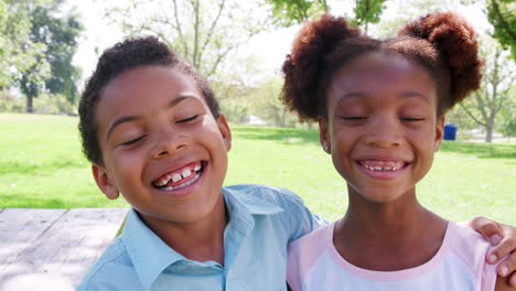 slow motion portrait of smiling brother and sister relaxing in park together