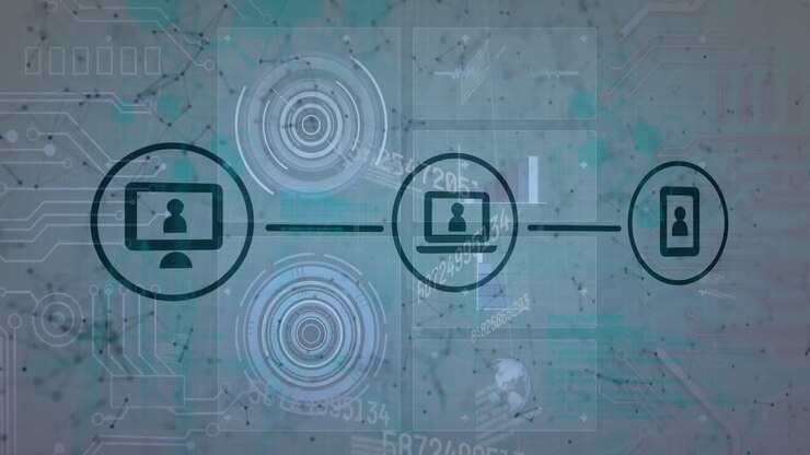 Animation of data processing over shapes and media icons