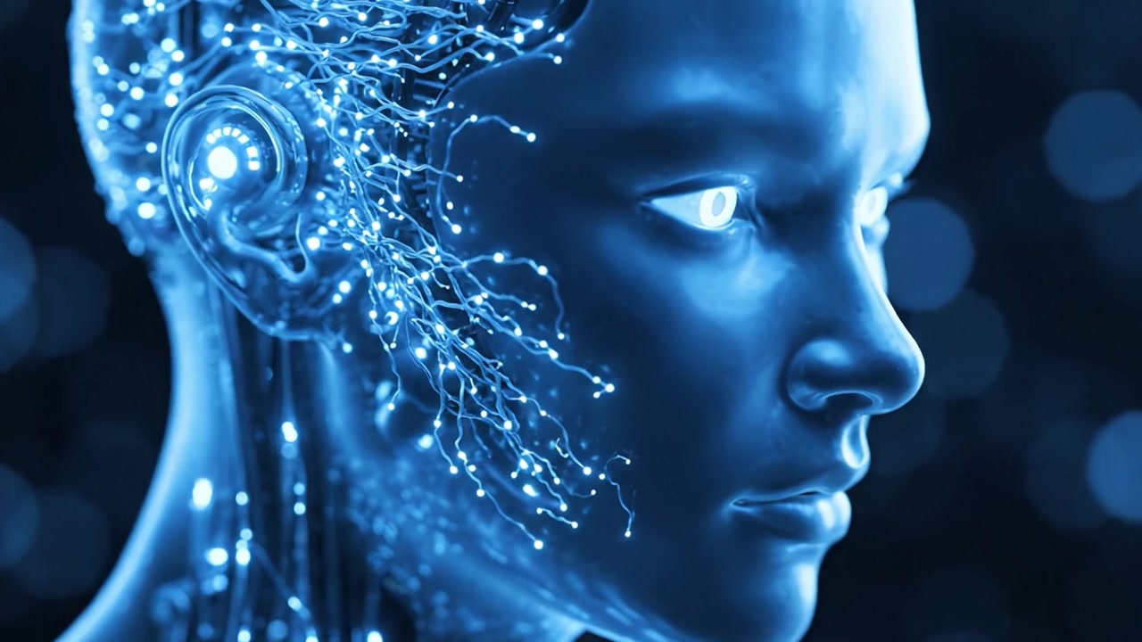 Una rappresentazione futuristica di un essere intelligente artificiale con caratteristiche illuminate e connessioni neurali in una vivida palette di colori blu che cattura l'essenza della tecnologia e dell'innovazione
