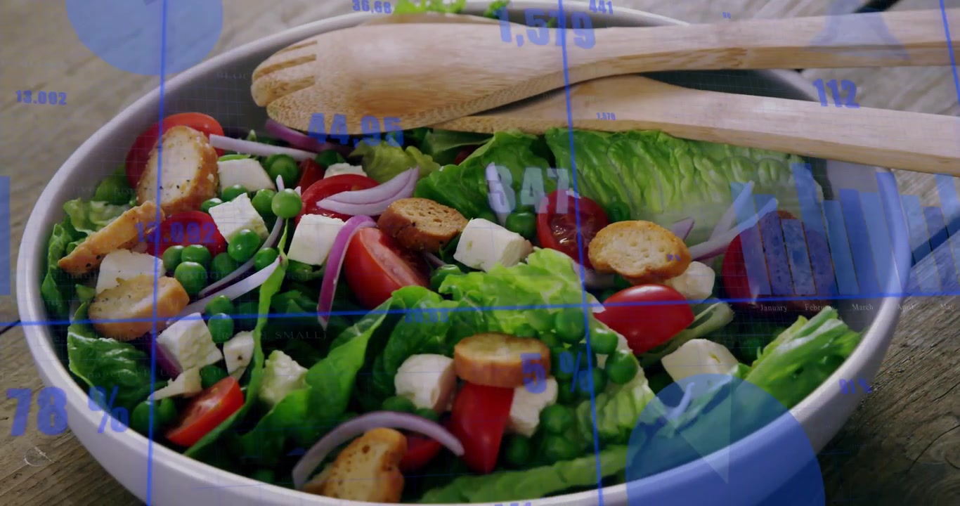 Overlay blu scorrono in vista sopra una ciotola di insalata, attivando grafici animati che aggiornano i dati della dieta in 3D.