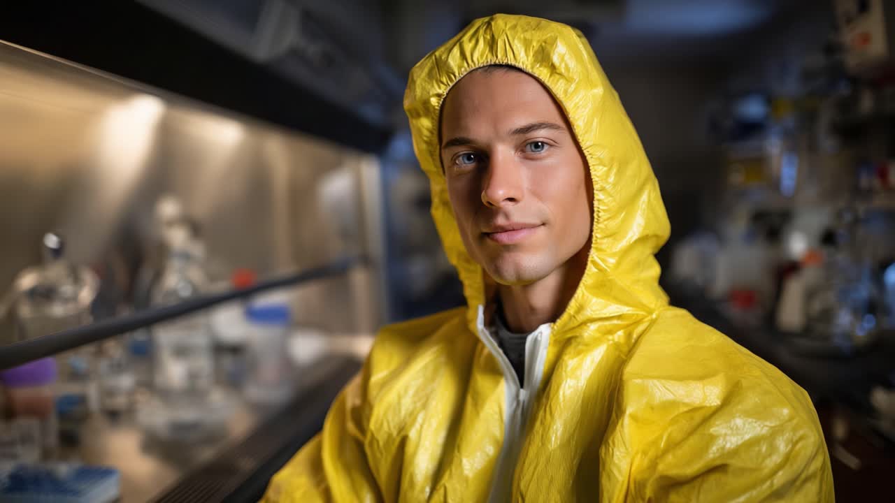 Młody naukowiec w żółtym kombinezonie ochronnym pozuje z pewnością siebie w laboratorium otoczonym sprzętem i szkłem laboratoryjnym na półkach