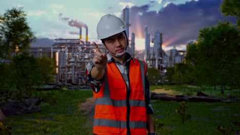 engineer gesturing stop at industrial site