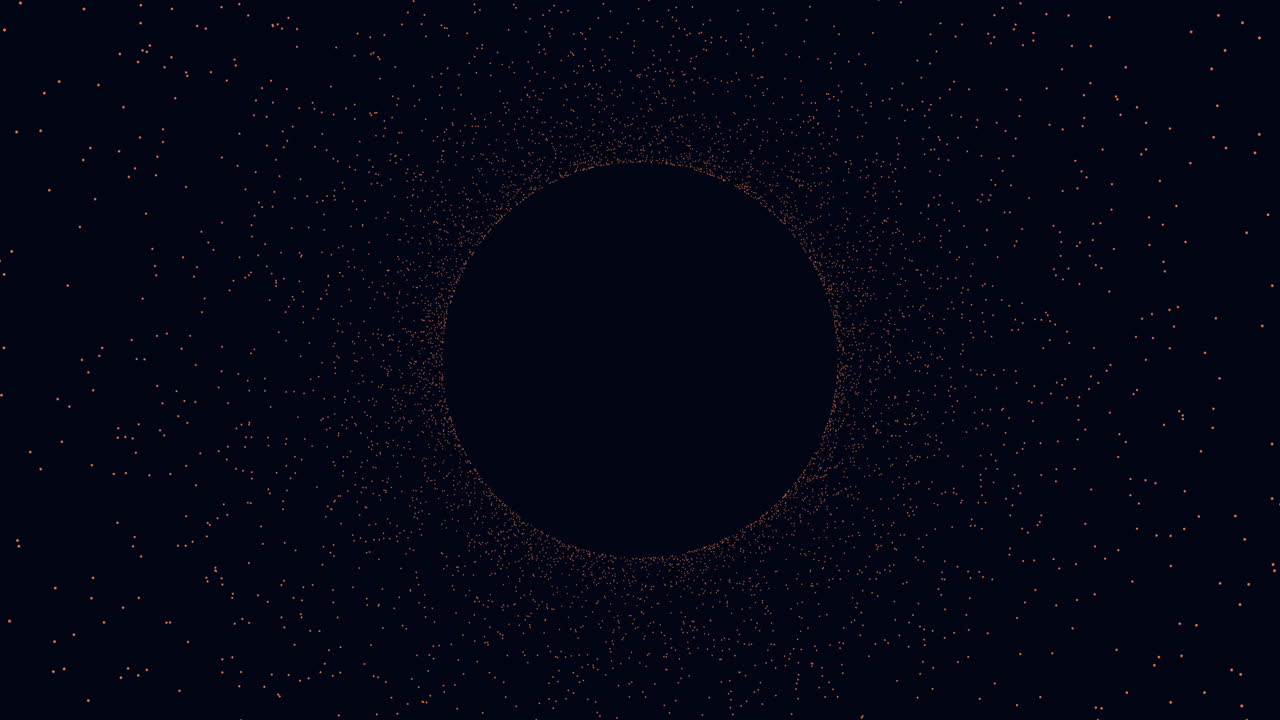 A black circle with white dots arranged in a circular pattern on its edge against a dark background. The simplistic design creates a striking visual impact with stark contrast