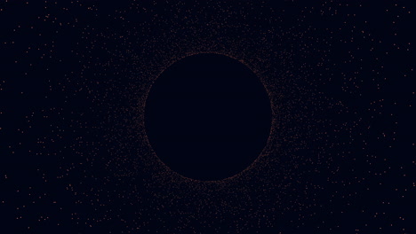 a black circle with white dots arranged in a circular pattern on its edge against a dark background. the simplistic design creates a striking visual impact with stark contrast
