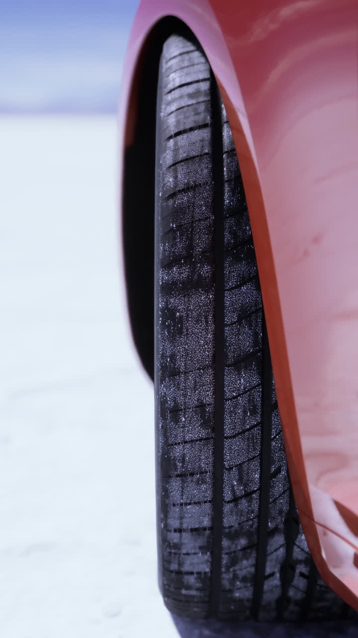 Close up of tire on vehicle driving across vast salt flats at sunset