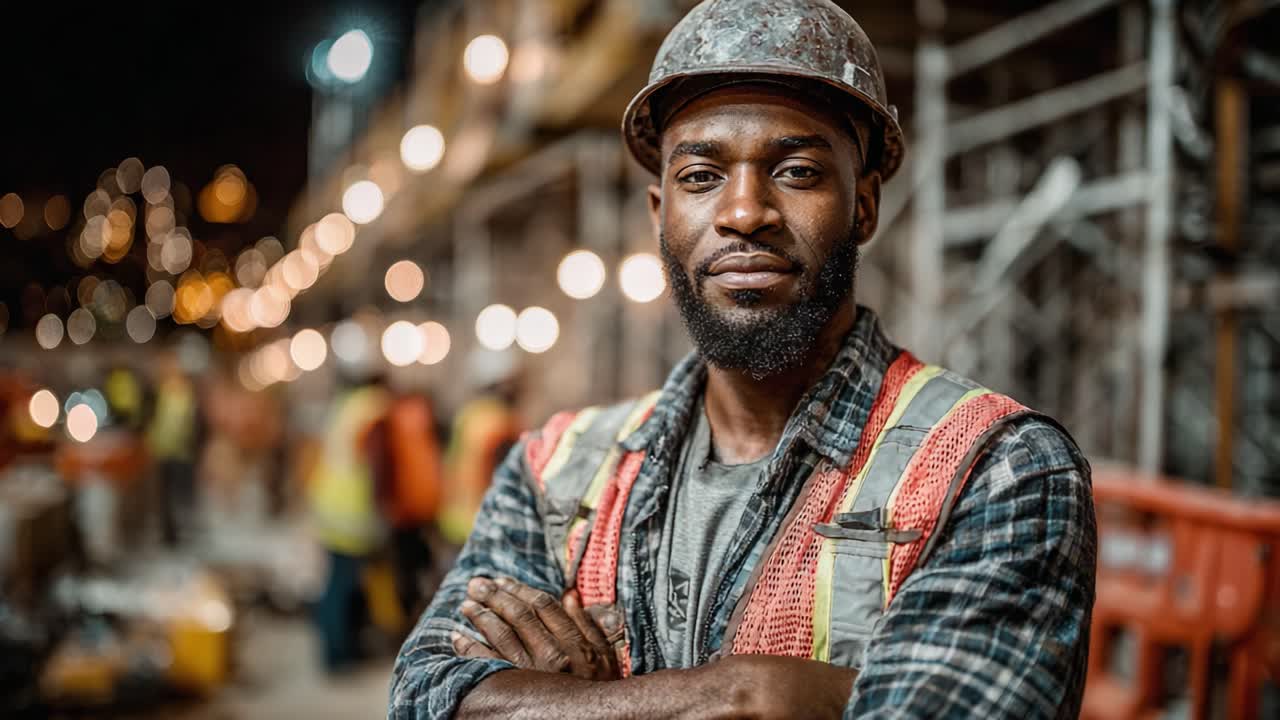 Confident Construction Worker in Hard Hat Poses Proudly Amidst Busy Construction Site, Showcasing Dedication and Professionalism in Urban Development