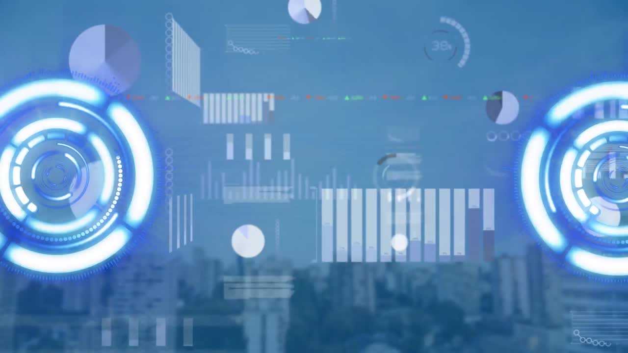 Animation of scope scanning and data processing over cityscape