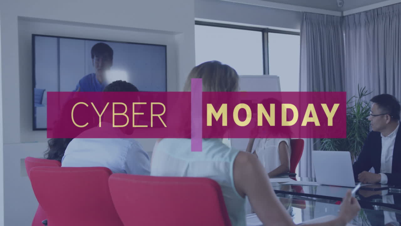 Animation of cyber monday text over diverse colleagues having meeting in office