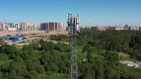 cellular gsm tower with 3g, 5g transmitter. communication antenna. future technology. aerial view from drone