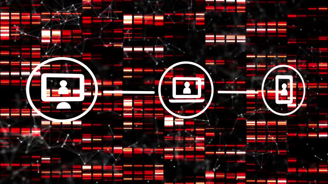 Animation of media icons and data processing over black background