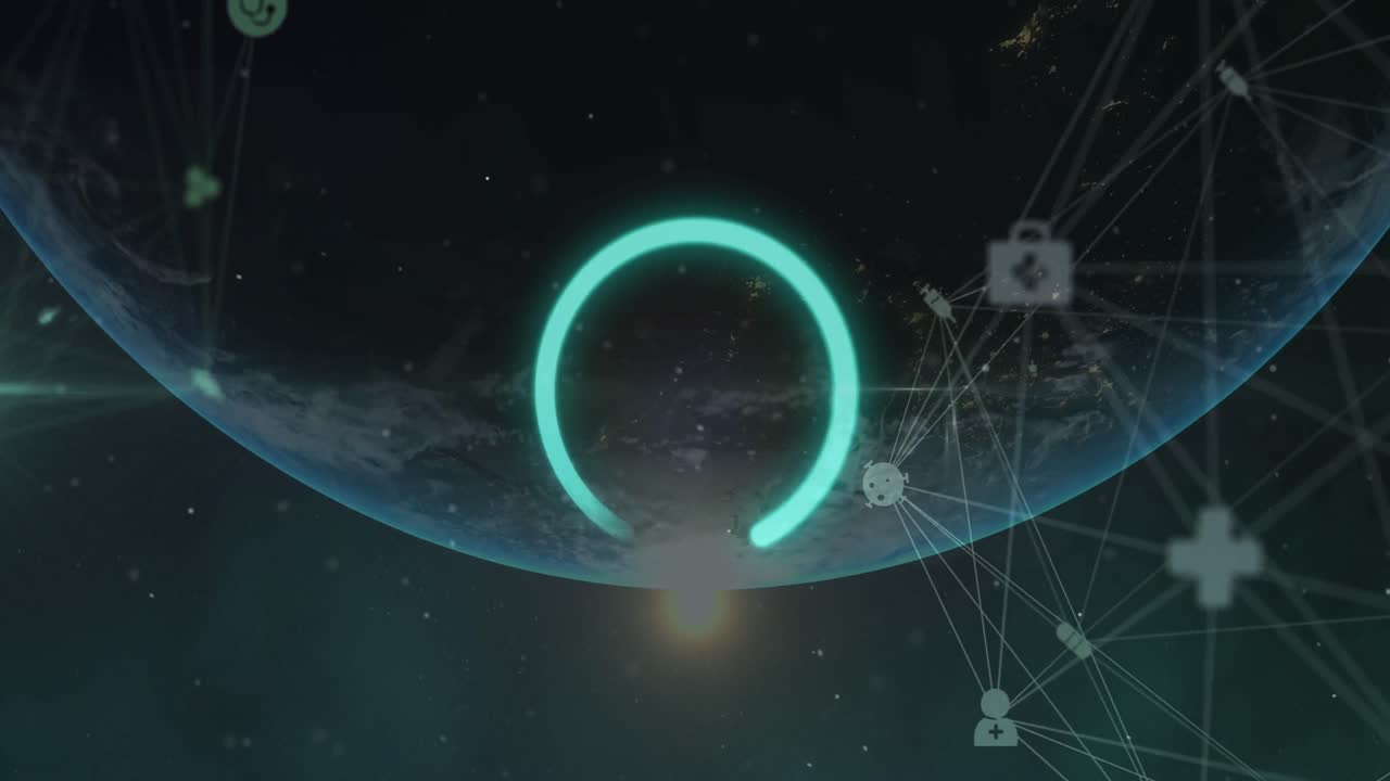 로딩 서클 아이콘과 전 세계 연결 네트워크의 애니메이션