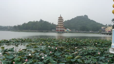 templo al otro lado del lago con lirios de agua