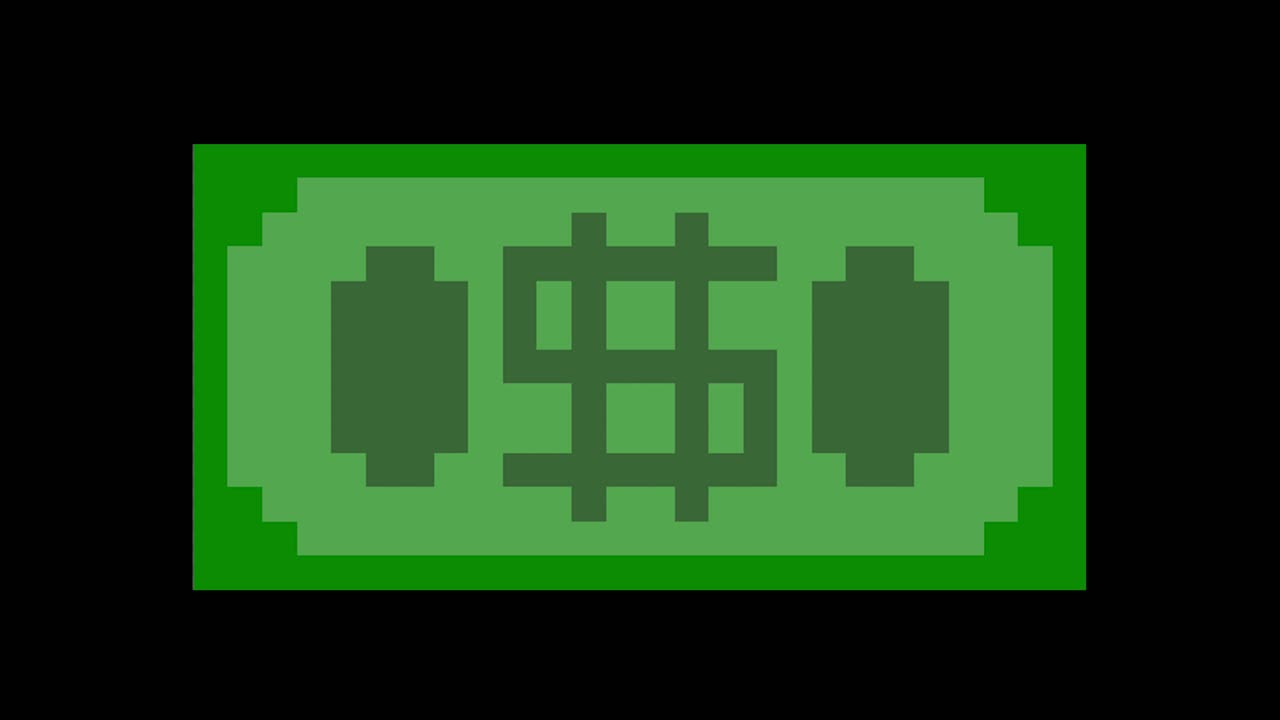 Banconota da un dollaro in pixel art che si muove su e giù, animazione 2D a 15 fps.