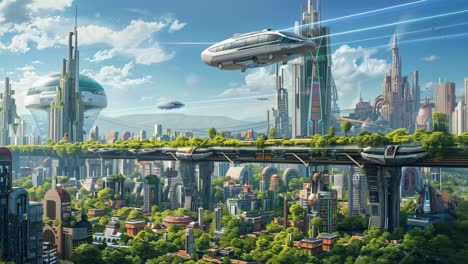 futuristic cityscape with elevated roads and flying vehicles