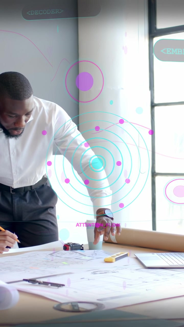Vertical video: Male designer checking plans while peer marking, HUD tagging points for plan review