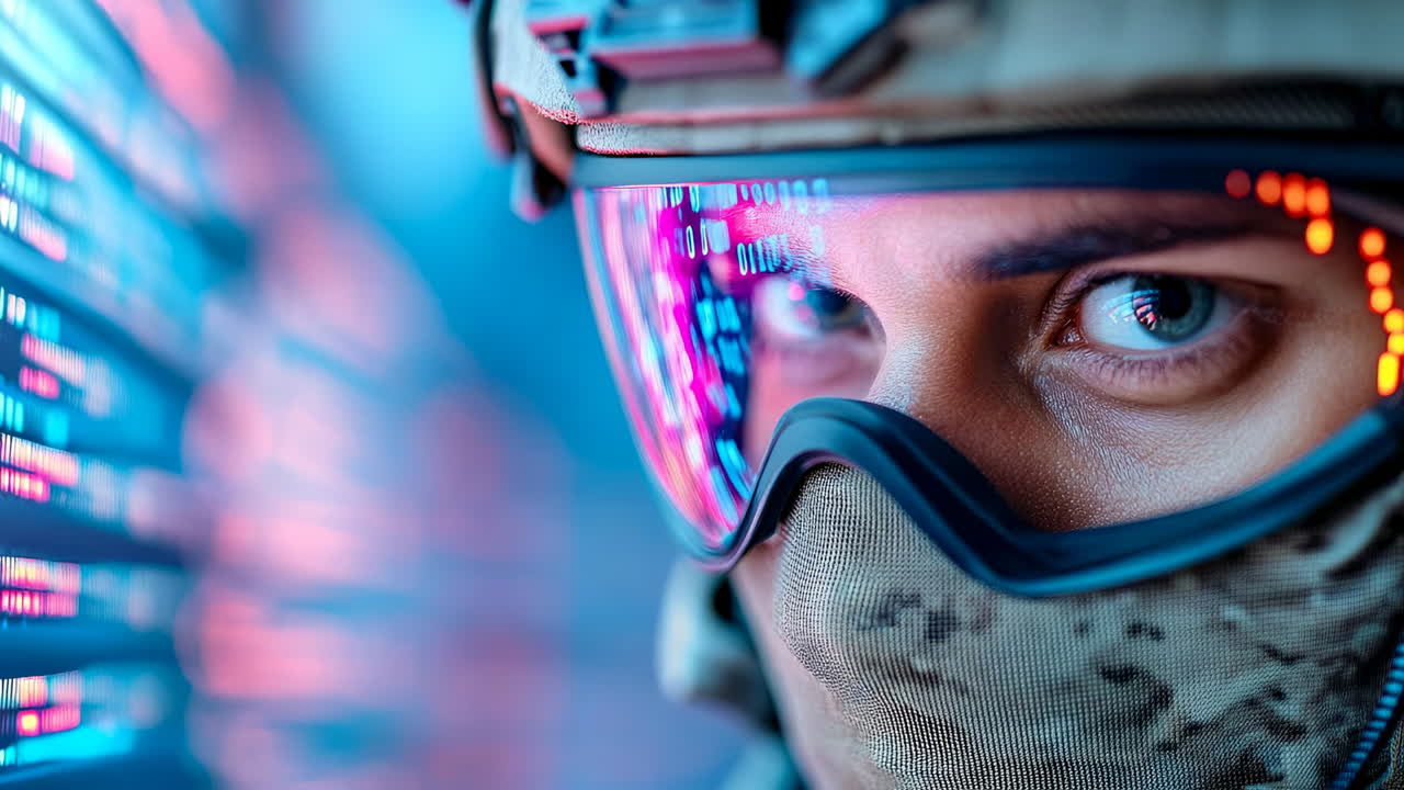 Soldier on tech display. Soldier observes digital data while wearing protective gear and high-tech goggles in a tactical environment