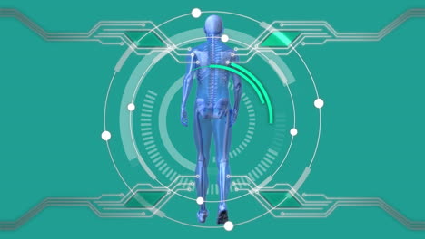 animation of circuit board processor and scope scanning with human model on green background