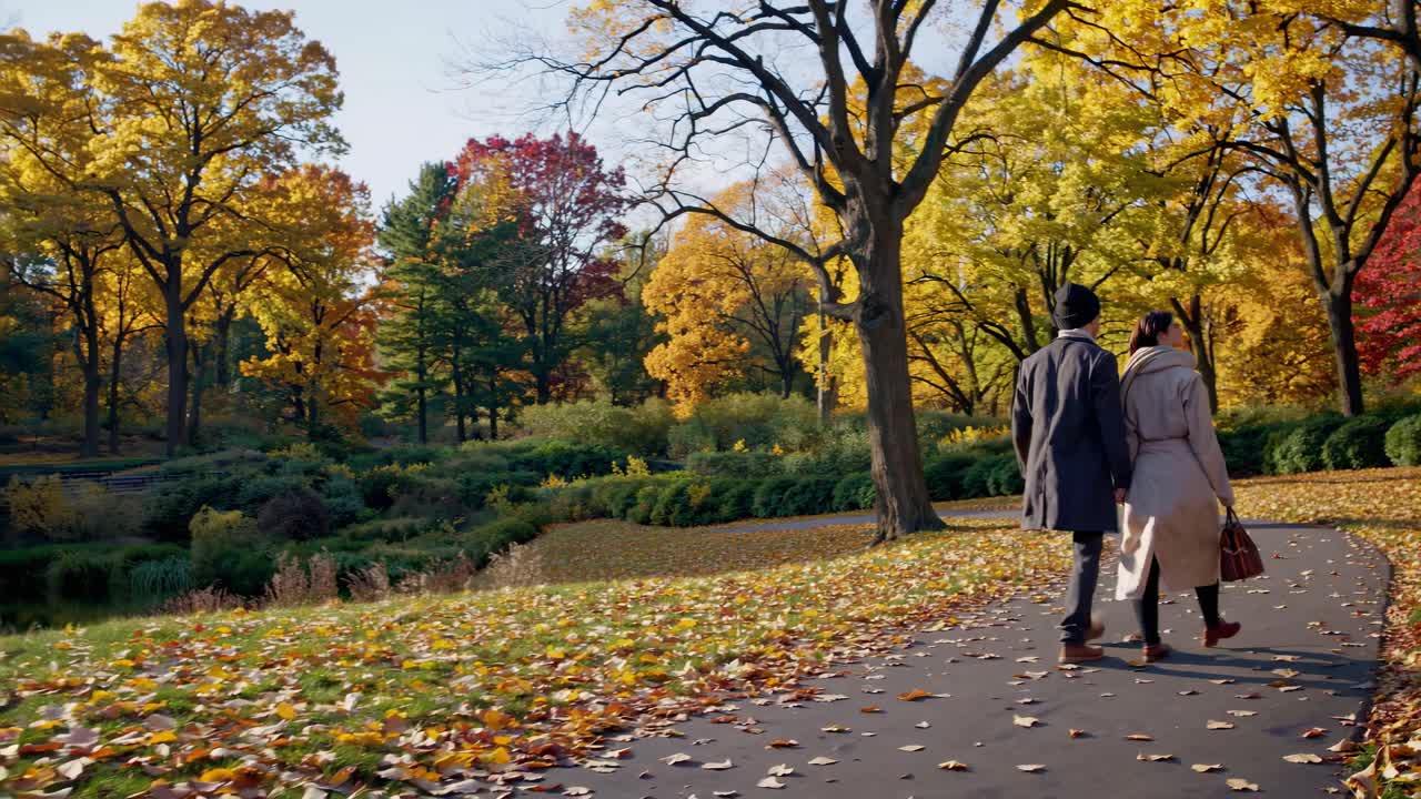 A couple walks through a park in autumn, captured from a low-angle shot