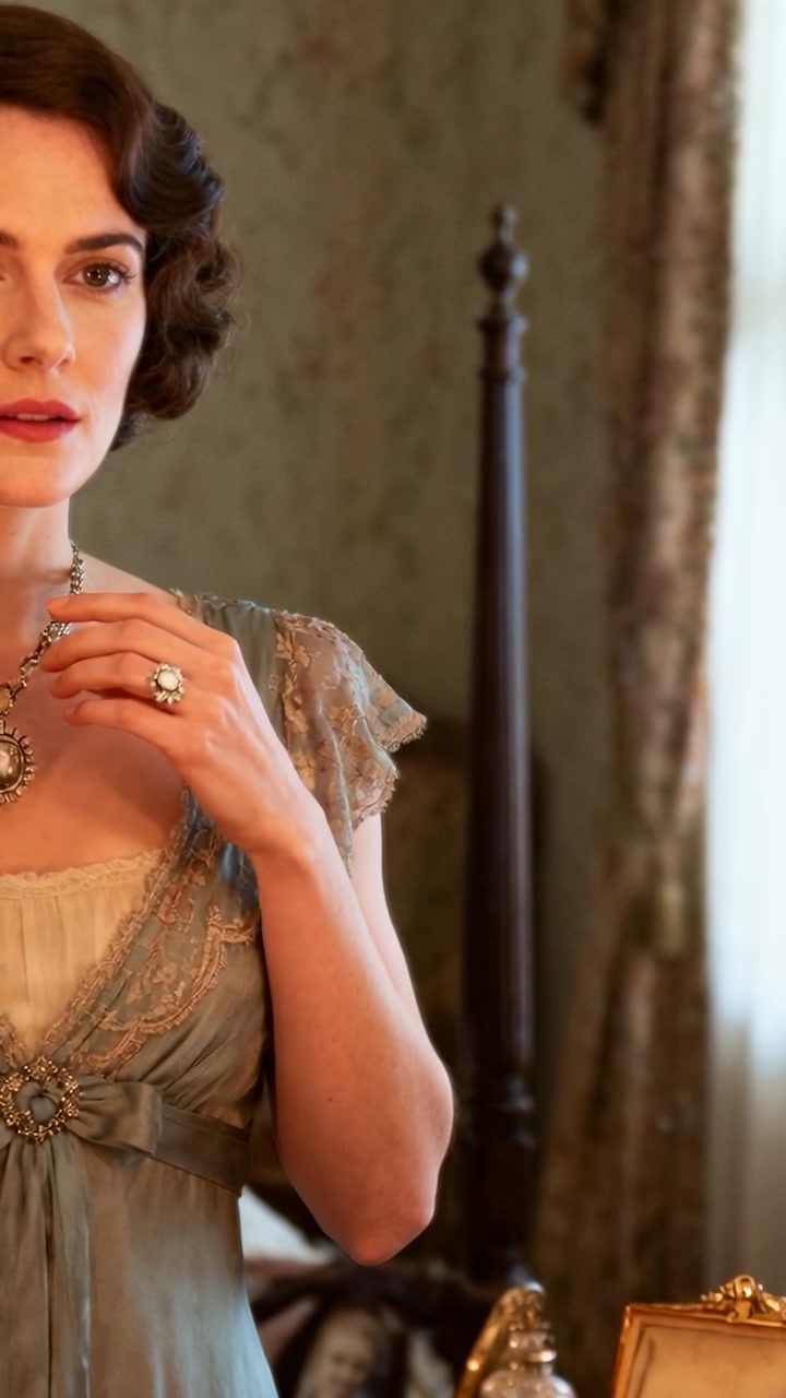 Vertical video: Adjusting woman in period gown securing ornate pendant at vanity, centering pendant