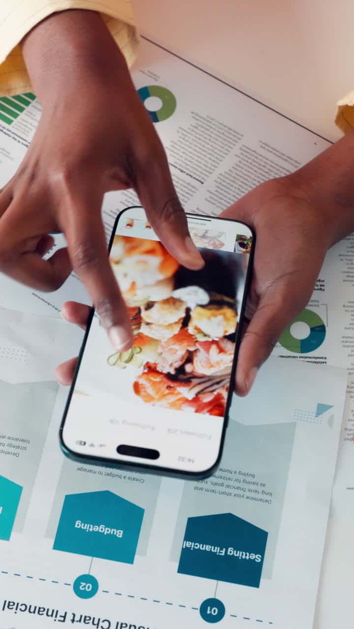 Hands Scrolling Through Food Images on Smartphone