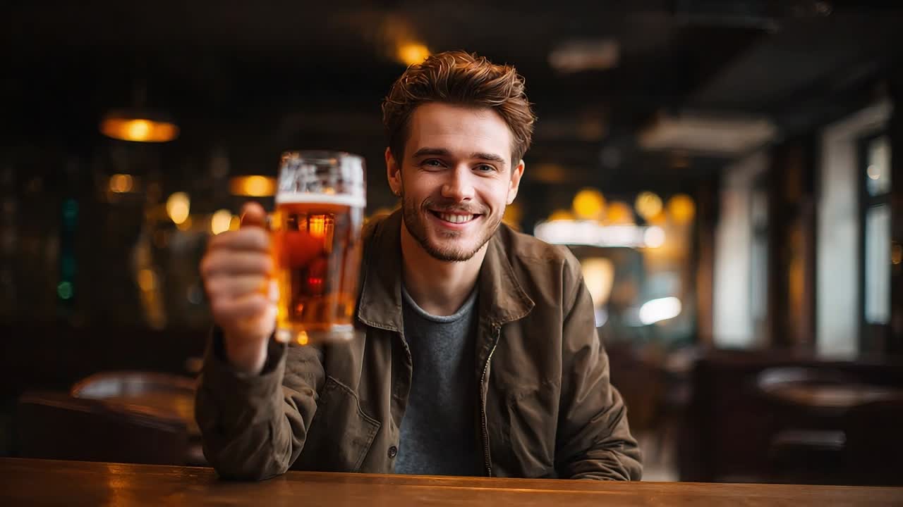 Young man cheers with a beer in a cozy pub during evening hours