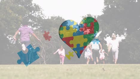 animation of puzzle pieces with heart icon over diverse schoolchildren