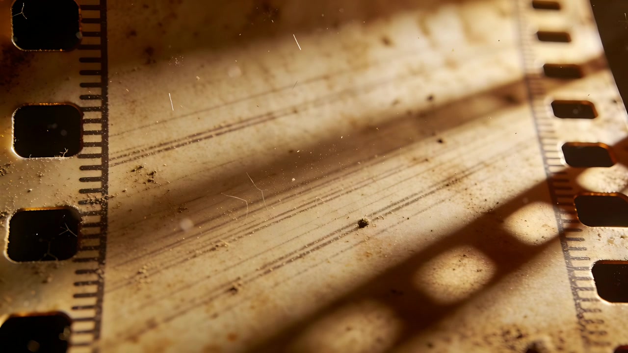 Luz quente em movimento projetando sombras dos furos de perfuração sobre uma caixa de luz de tira de filme 35mm, auxiliando no arquivamento.
