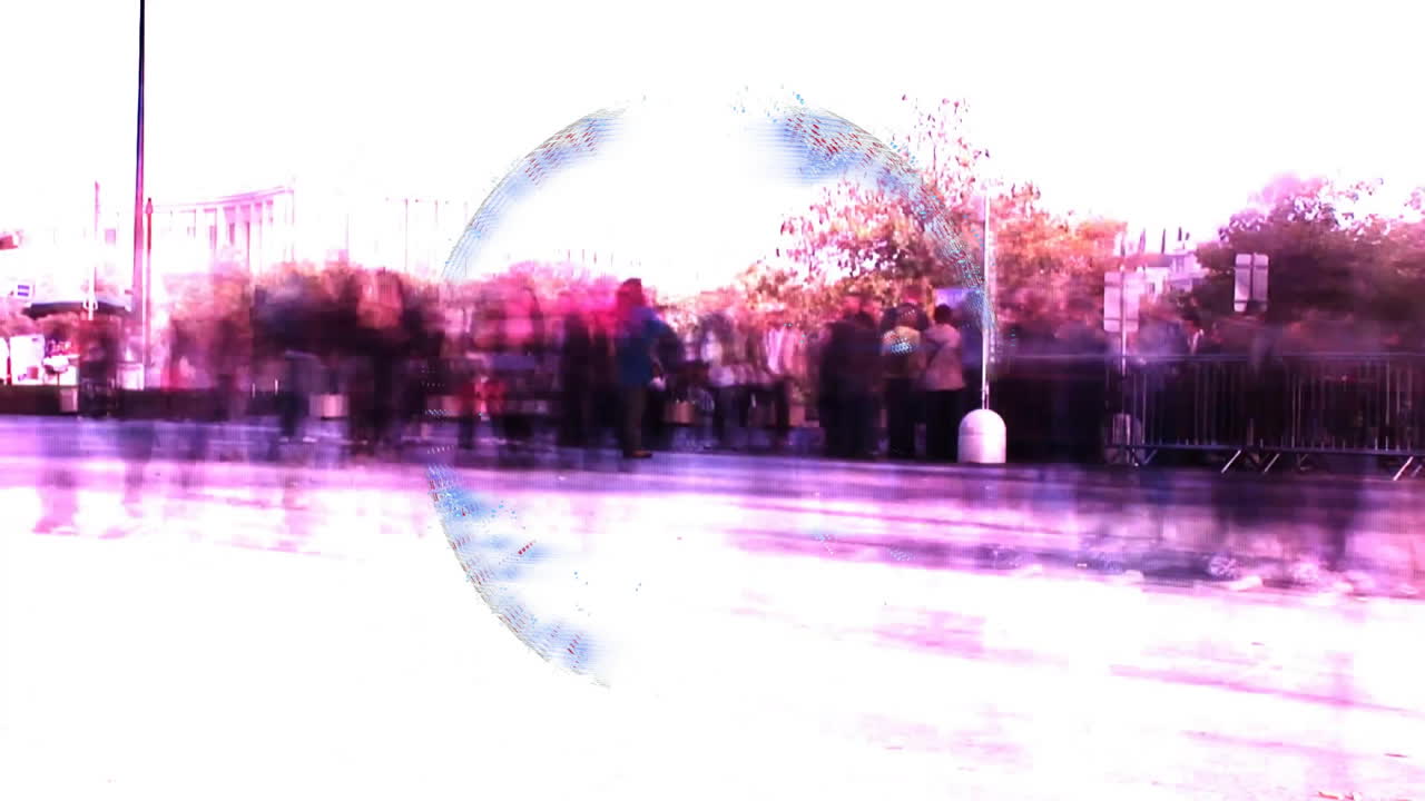 Blurred pedestrians moving through urban plaza with digital globe overlay highlighting connectivity