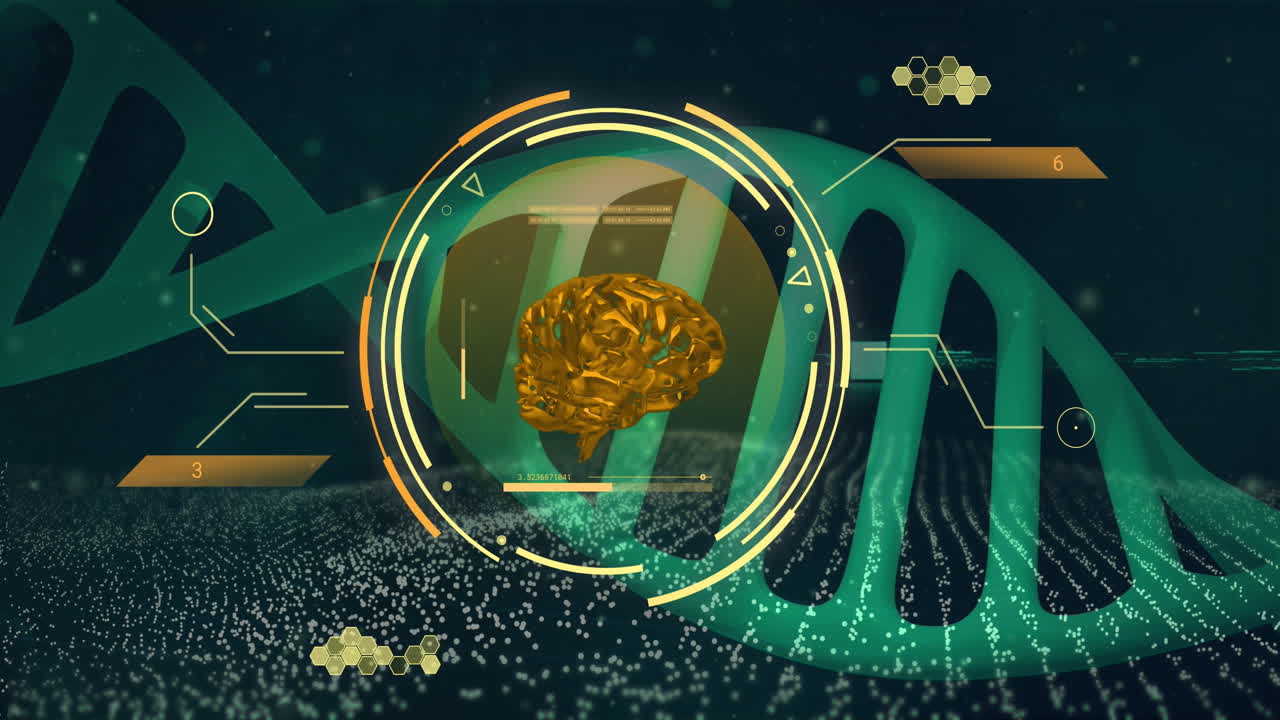 animación de la cadena de adn, el cerebro humano y el procesamiento de datos científicos.