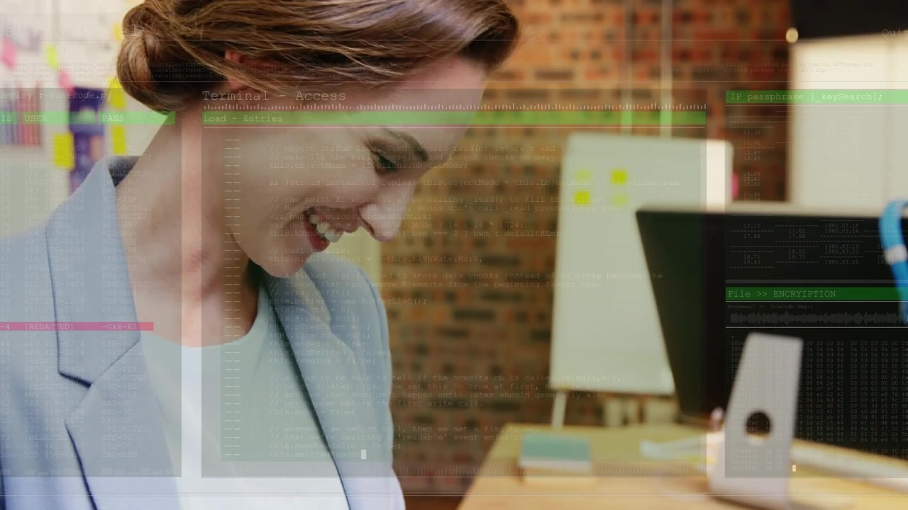 Animación del procesamiento de datos sobre una mujer de negocios caucásica en la oficina