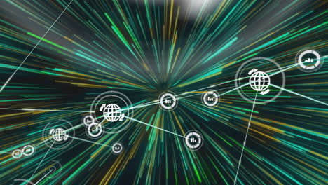 animation of network of connections with digital icons over green explosion