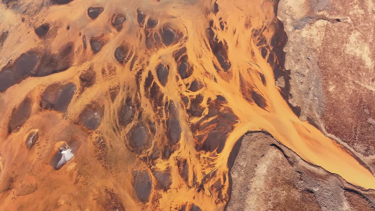 Aerial - ochre river branching in Þjórsá Iceland near Gelber Fluss region