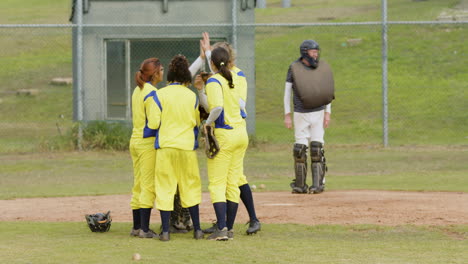 multiracial female baseball players and male umpire huddling and celebrating on a pitch