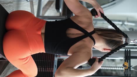 woman training her back muscles in the gym. close-up. vertical video