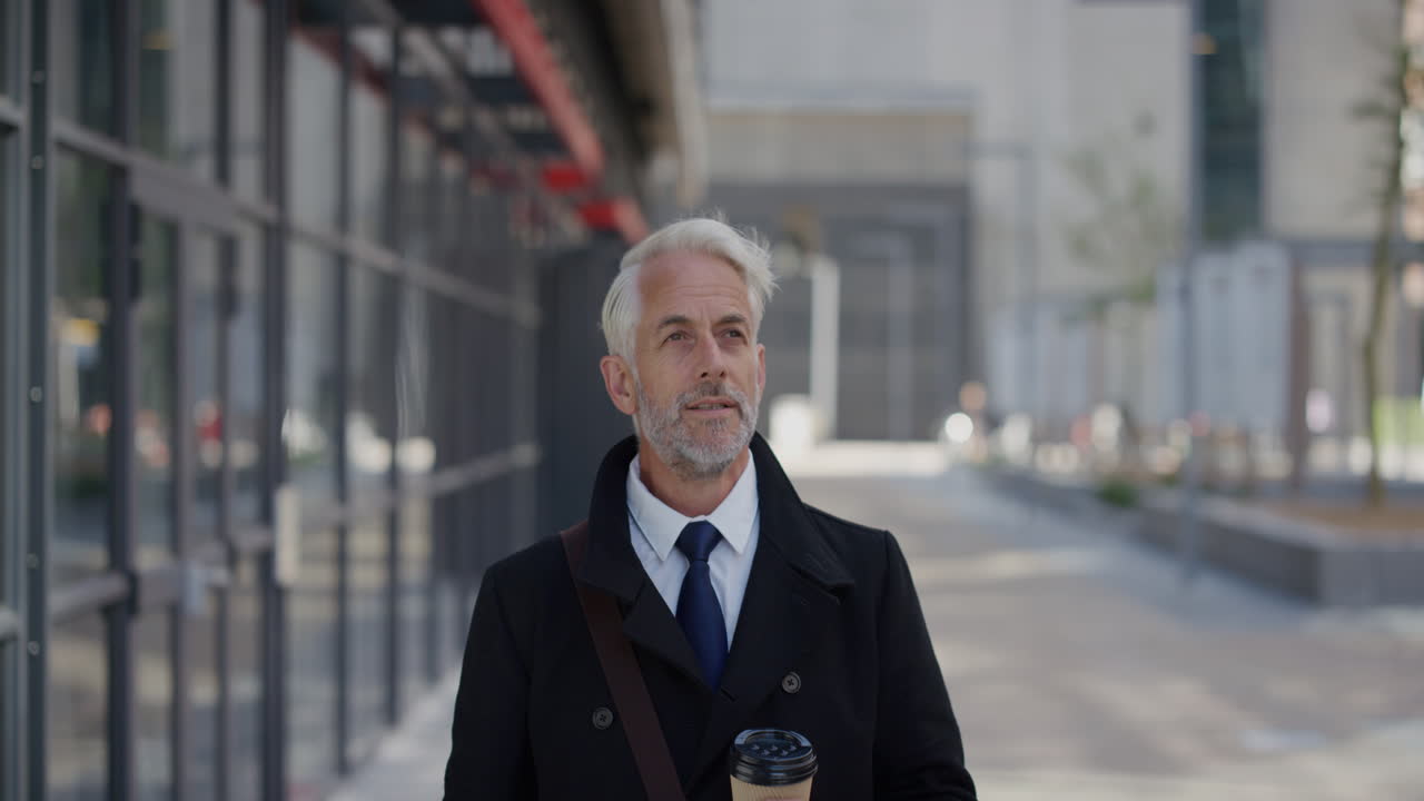 스마트폰을 사용하는 행복한 중년 사업가 휴대전화에서 문자 메시지를 탐색하는 즐거움을 느끼고 도시에서 느린 동작으로 휴식을 취하는 초상화