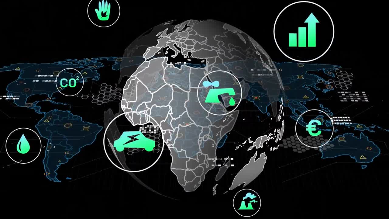animación de iconos ecológicos y procesamiento de datos en todo el mundo