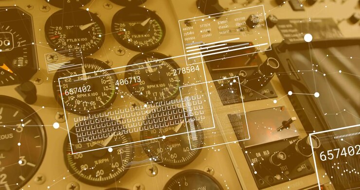 Animazione di sovrapposizione dell'illuminazione della cabina di pilotaggio che si avvia, evidenziando gli indicatori e le metriche del motore che scorrono.