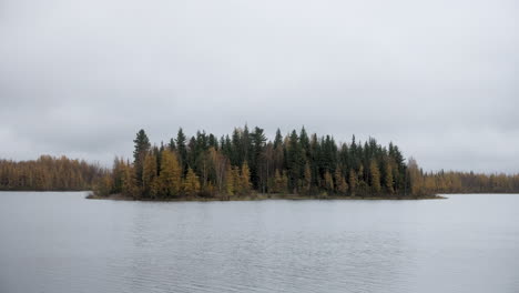 chena lake in alaska with gorgeous fall colors on the trees, a peaceful forest covered island
