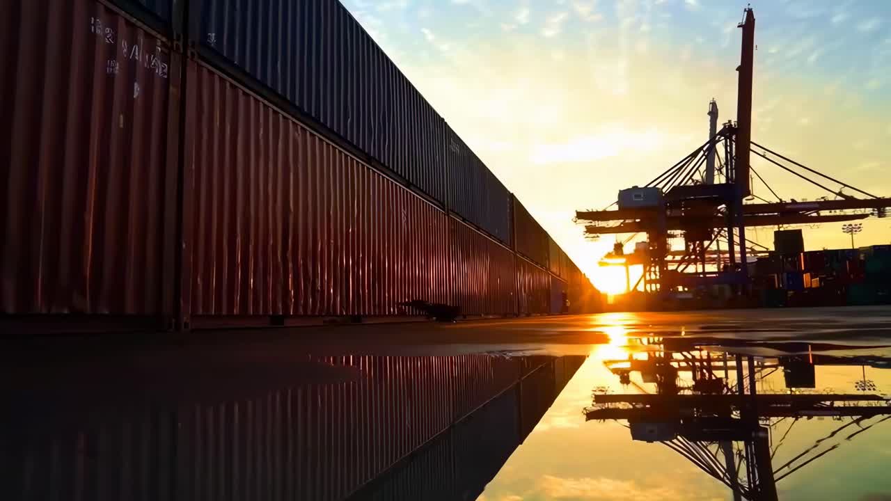 Video al tramonto di container per spedizioni, vista dal basso, che cattura sagome industriali
