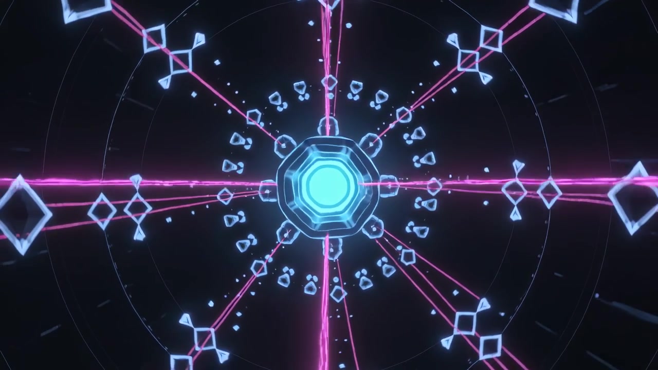 Reacting to flash, cyan hub pulsing, sending magenta beams, forming kaleidoscopic loop in dark void