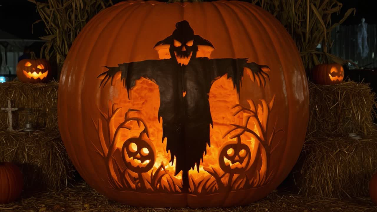 A Stunningly Carved Pumpkin Display Featuring a Spooky Scarecrow Silhouette Illuminated from Within, Surrounded by Halloween Decorations in a Festive Autumn Setting