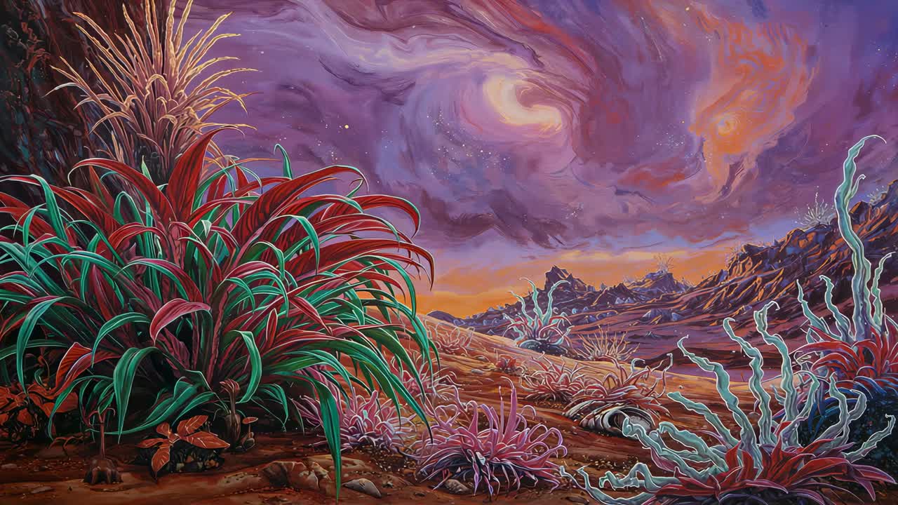 Panning camera revealing red-green plant on alien plain showing buried tube, copy space