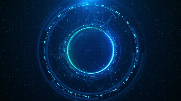 Sfondo di interfaccia HUD circolare blu, anelli luminosi, numeri digitali, linee di rete, spazio tecnologico scuro.