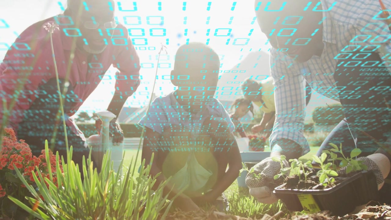 Right-hand adult placing plants into soil, child watching teal binary overlay teaching gardening