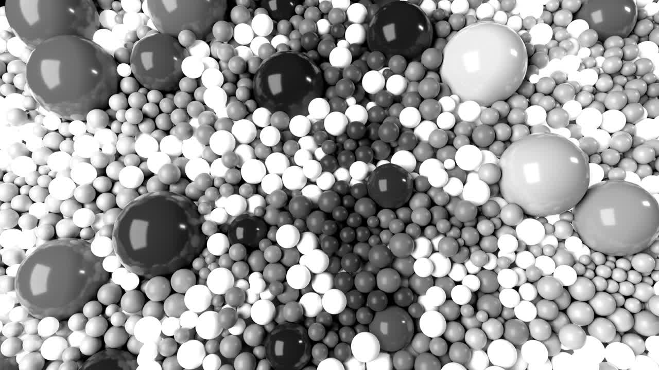 추상적인 기하학적 배경으로 아름다운 검은색과 색의 크고 작은 구 또는 공을 가진 4d 루프 애니메이션.