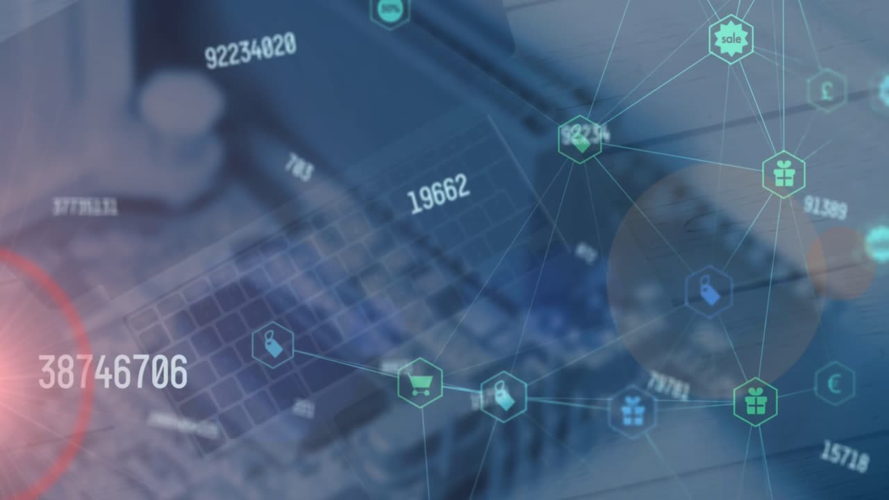 Animation of circles, changing numbers, icons connected with lines over laptop on table