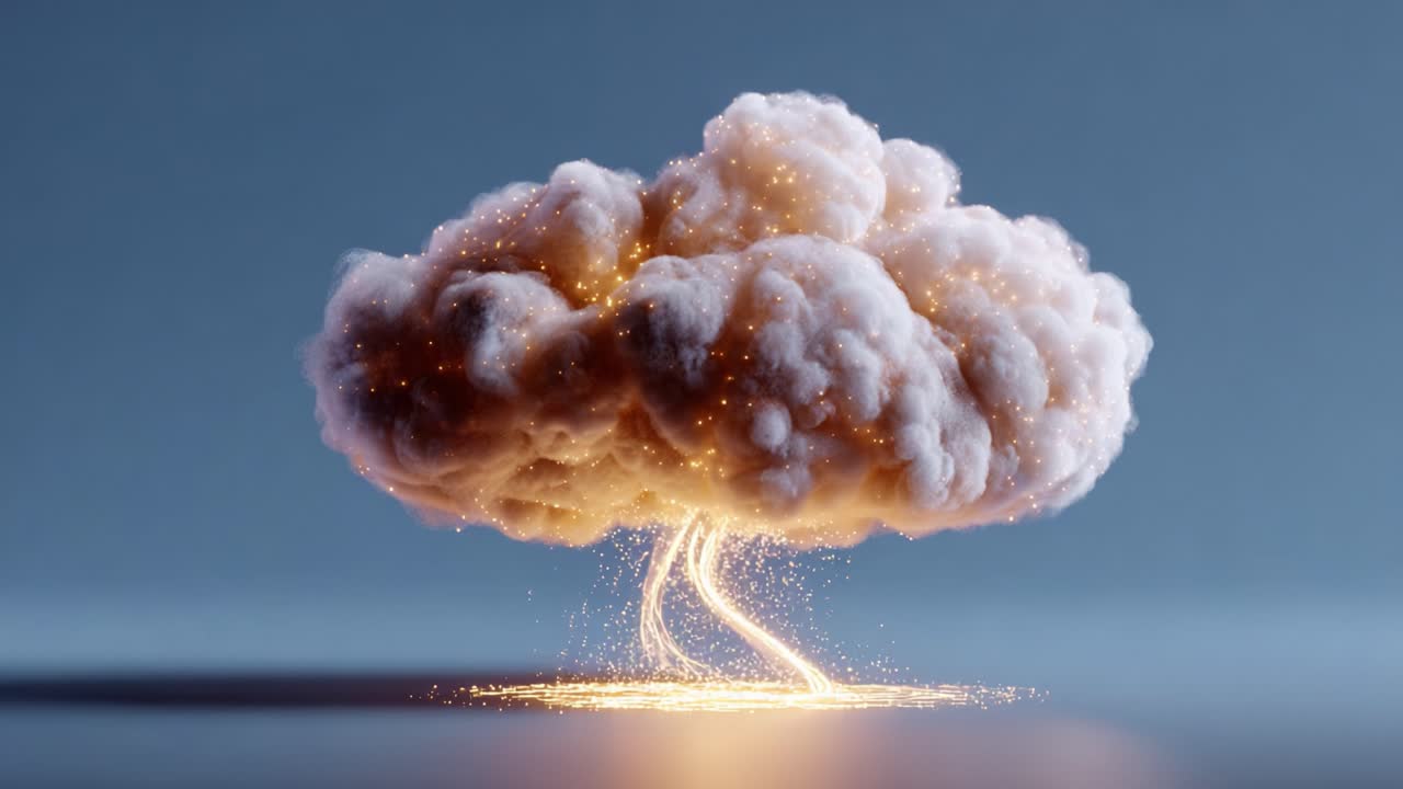 A stunning visual representation of a glowing cloud formation, emitting luminous streams of light from its base, capturing a mesmerizing balance of nature and energy