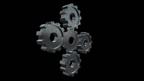 five gray gears spinning flies . black background. alpha channel