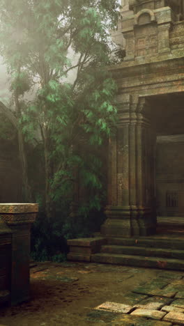 ruins of an ancient temple surrounded by lush vegetation at sunrise