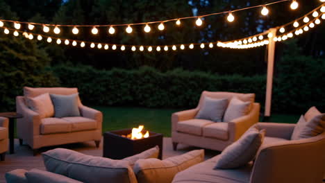 cozy outdoor patio setting at night with string lights and fire pit